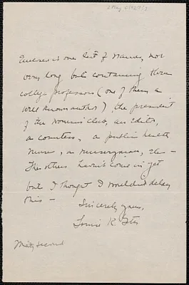 Louise K. Gates autograph note signed to Sacco-Vanzetti Defense Committee, [Geneva, N.Y.], May 2, 1927