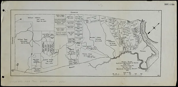 Maps showing land ownership in Brookline, 1635-1916