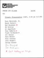 Correspondence: Office memorandum from J.W. Clark (United Technologies Research Center) to attendees for Titanic Presentation.