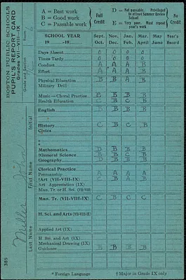 Boston Public Schools pupil's report card, Miller, John