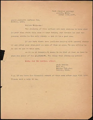 Jack Ujanen (Work People's College) typed note (copy?) to Sacco-Vanzetti Defense Comittee, Duluth, Minn., April 11, 1927