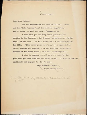 Bartolomeo Vanzetti typed letter (copy) to Katherine B. Codman, [Charlestown], 7 April 1927