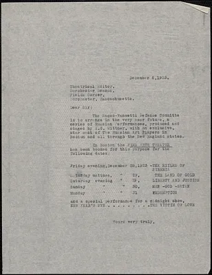 Sacco-Vanzetti Defense Committee typed letter (copy) to Theatrical Editor, Dorchester Beacon, December 6, 1923
