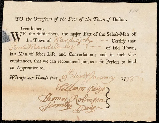 William Dunn indentured to apprentice with Paul Mandell of Hardwick, 4 February 1778