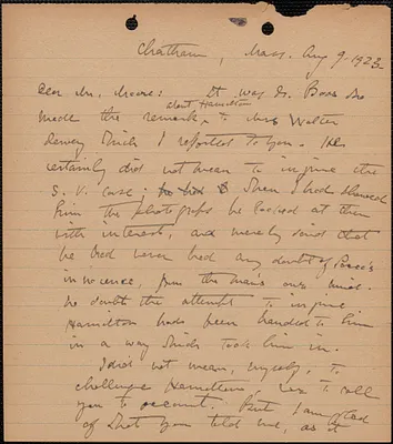 E[lizabeth] G[lendower] Evans autograph note signed to [Fred H.] Moore, Chatham, Mass., August 9, 1923