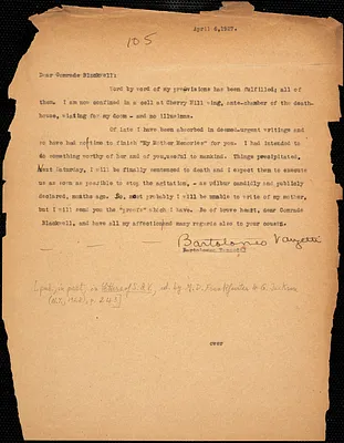 Bartolomeo Vanzetti typed letter (copy) to Alice Stone Blackwell, [Charlestown], 6 April 1927 ; Bartolomeo Vanzetti typed letter (copy) to Alice Stone Blackwell, [Dedham], May 12 1927
