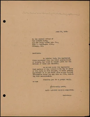 Sacco-Vanzetti Defense Committee typed letter (copy) to Workers Party of America (National Office), Boston, Mass., June 29, 1925