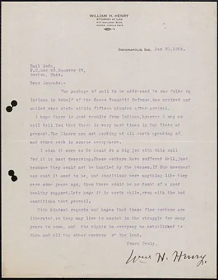 William H. Henry typed letter signed to Emilio Coda, Indianapolis, Ind., January 30, 1925