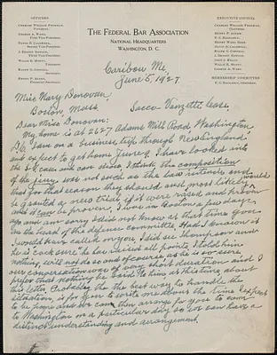 George A. Ward (The Federal Bar Association) autograph letter signed to Mary Donovan, Caribou, Me., June 5, 1927