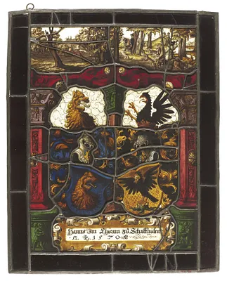 Panel of armorial glass; Forest scenes/ Heraldry