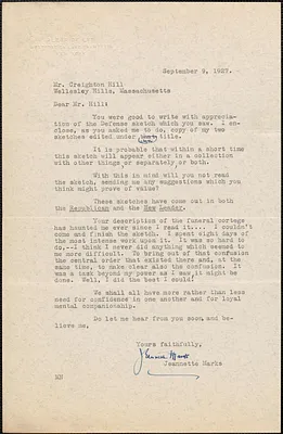 Jeannette Marks typed letter signed to Creighton [J.] Hill, Westport, N. Y., September 9, 1927