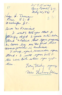 Letter from Mrs. Wilma Orens to President Harry S. Truman