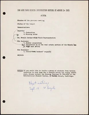 Agenda for August 1964 LCRC Fair Housing Subcommittee Meeting