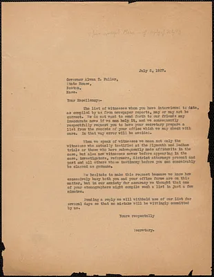 Joseph Moro (Sacco-Vanzetti Defense Committee) typed letter (copy) to Alvan T. Fuller, Boston, Mass., July 5, 1927