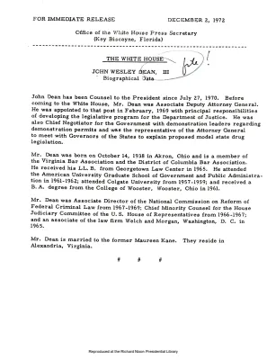 Name File, Conflict of Interest, 1968-73: Dean, John W.,III