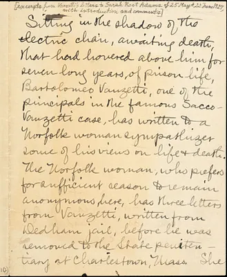 Bartolomeo Vanzetti manuscript excerpts to Sarah Root Adams, 25 May and 22 June 1927 ; Bartolomeo Vanzetti manuscript excerpts to Sarah Root Adams, Dedham, 22 May 1927