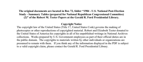 1984 - U.S. National Post-Election Study - Summary Tables (prepared for National Republican Congressional Committee) (2)