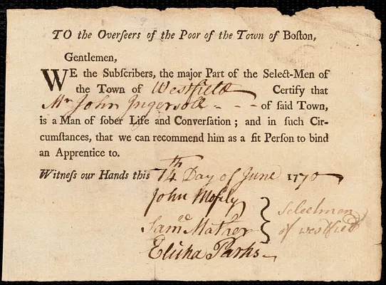 Jonathan Silsberry indentured to apprentice with John Ingersoll of Westfield, 6 June 1770