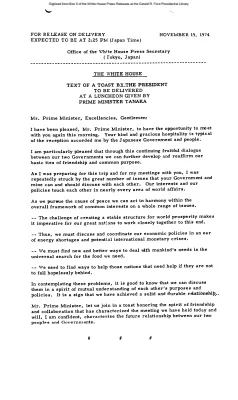 Text of a Toast by the President to Be Delivered at a Luncheon Given by Prime Minister Tanaka [Ford Speech or Statement]