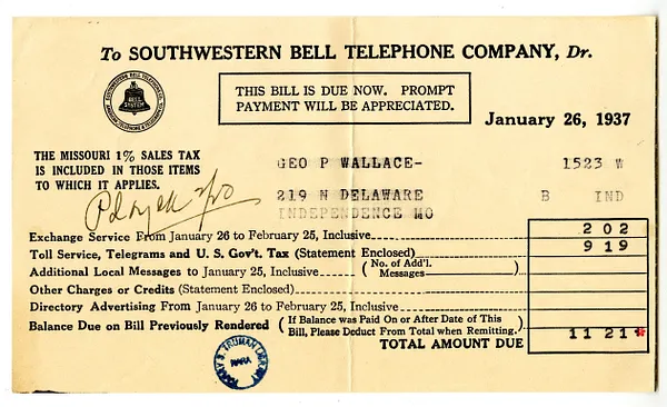 Bill from Southwestern Bell Telephone Company to George P. Wallace