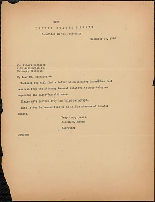 Joseph C. Mason (Committee on the Judiciary. United States Senate) typed note signed (copy) to Albert Wechsler, [Washington, D. C.], December 30, 1926