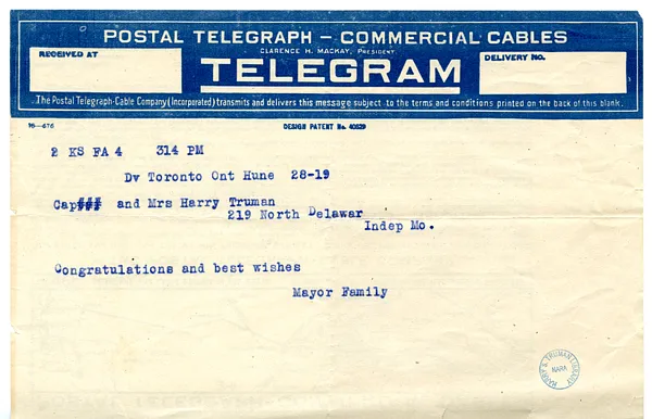 Telegram from the Mayer Family to Bess and Harry S. Truman