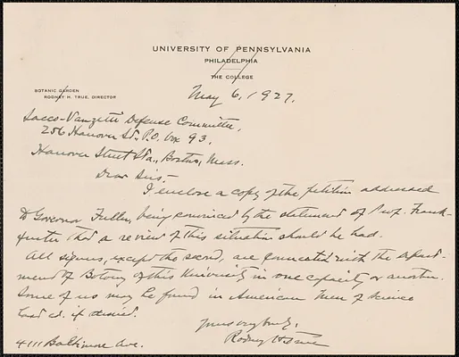Rodney H. True autograph note signed to Sacco-Vanzetti Defense Committee, Philadelphia, Pa., May 6, 1927