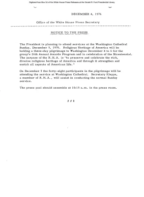President is planning to attend services at the Washington Cathedral Sunday, December 5, 1976 [Notice to Press]