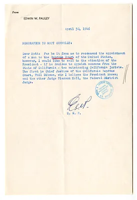 Memorandum from Edwin Pauley to Matthew Connelly with Related Material