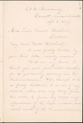 Jennie Leys autograph letter signed to Zula [M.] Woodhull, Everett, Mass., September 8, 1899