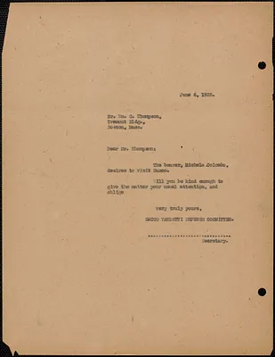 Sacco-Vanzetti Defense Committee typed note (copy) to William G. Thompson, Boston, Mass., June 6, 1920