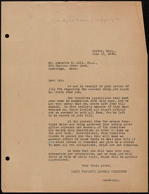 Amleto Fabbri (Sacco-Vanzetti Defense Committee) typed letter (copy) to Augustus H. Gill, Boston, Mass., July 13, 1925