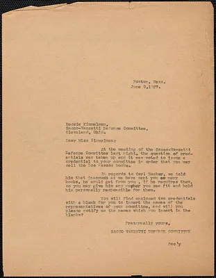 Sacco-Vanzetti Defense Committee typed letter (copy) to Bessie Kimmelman (Sacco-Vanzetti Defense Committee, Cleveland), Boston, Mass., June 9, 1927