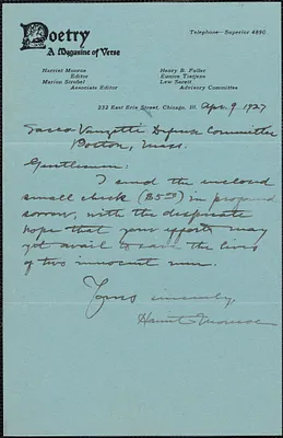 Harriet Monroe (Poetry Magazine) autograph note signed to Sacco-Vanzetti Defense Committee, Chicago, Ill., April 9, 1927