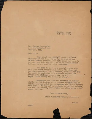 Sacco-Vanzetti Defense Committee typed letter (copy) to Julius Rosenwald, Boston, Mass., July 25, 1927
