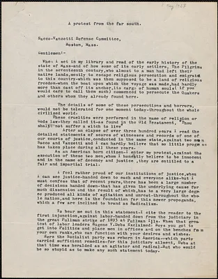 F. G. Van Gosen typed letter signed to Sacco-Vanzetti Defense Committee, Ft. Lauderdale, Fla., May 8, 1927