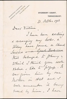 Richard B. Martin autograph letter signed to Victoria [Woodhull Martin], Tewkesbury, England, October 31, 1913