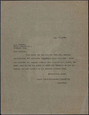Sacco-Vanzetti Defense Committee typed note (copy) James P. Cannon, Boston, Mass., August 17, 1926