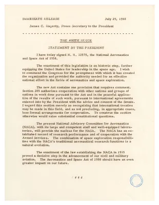 Statement by the President Regarding H.R. 12575, the National Aeronautics and Space Act of 1958
