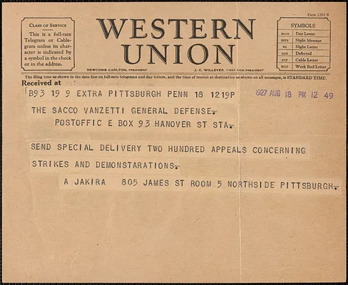 A. Jakira telegram to Sacco-Vanzetti Defense Committee, Pittsburgh, Pa., August 18, 1927