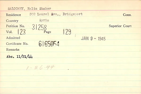 Fairfield County Superior Court and Fairfield County Court of Common Pleas, Index to Records of Naturalization, 1839-1955, Saloomey-Scanlin