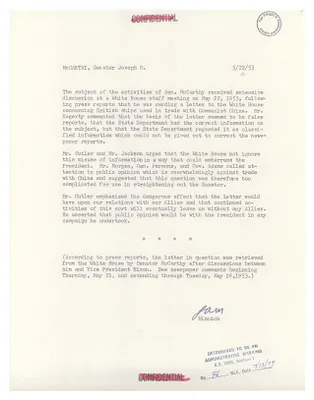 Staff Notes on Senator Joseph McCarthy