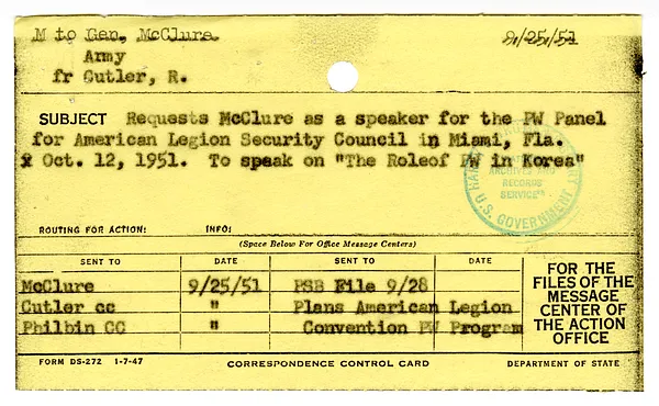 Correspondence Control Card re Memorandum to Brig. Gen. Robert A. McClure from Brig. Gen. Robert Cutler, with Attachments