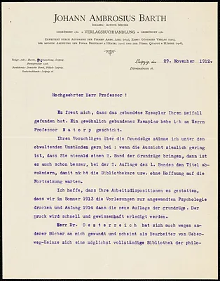 Meiner, Arthur, 1865-1952 typed letter signed to Hugo Münsterberg, Leipzig, Ger., 29 November 1912