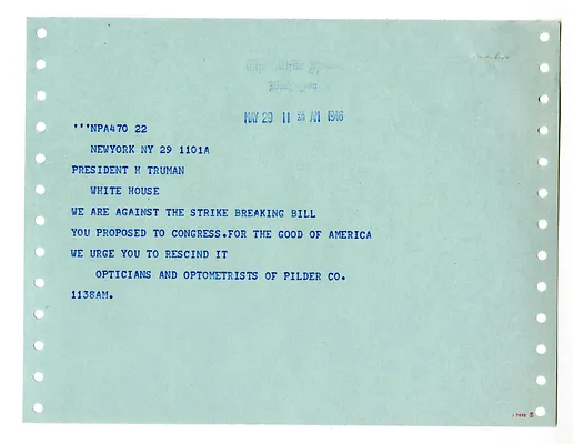 Telegram from Opticians and Optometrists of Pilder, Colorado to President Harry S. Truman