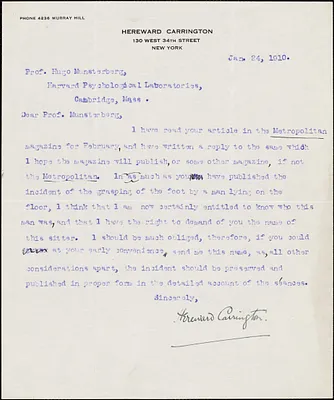 Carrington, Hereward, 1880-1959 typed letter signed to Hugo Münsterberg, New York, 24 January 1910