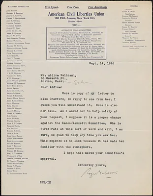 Roger N. Baldwin (American Civil Liberties Union) typed note signed to Aldino Felicani, New York, N. Y., September 14, 1926