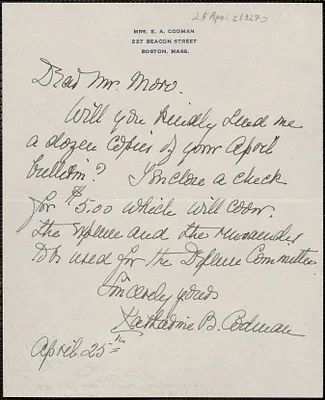 Katherine B. Codman autograph note signed to Joseph Moro, Boston, Mass., April 25, [1927]