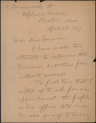 Alice Stone Blackwell autograph letter signed to Mary Donovan, Boston, Mass., April 28, 1927