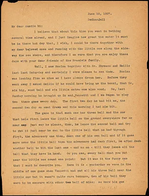Nicola Sacco typed letter (copy) to "Antie bi" [Elizabeth Glendower Evans], Dedham, 10 June 1927